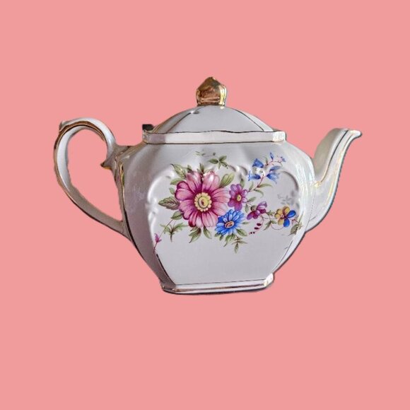 Vintage cubed floral Sadler teapot ceramic small gold trim - Picture 3 of 4